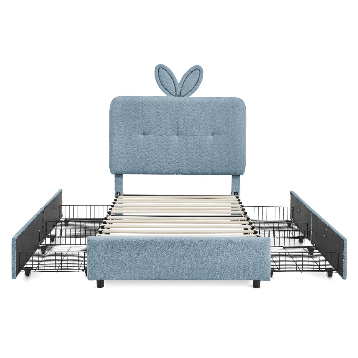 Twin Size Kids Upholstered Bed with Oversized Rabbit Ear Headboard, LED Light & 4 Storage Drawers, Boucle Fabric (79.5''X40.75''X41'')