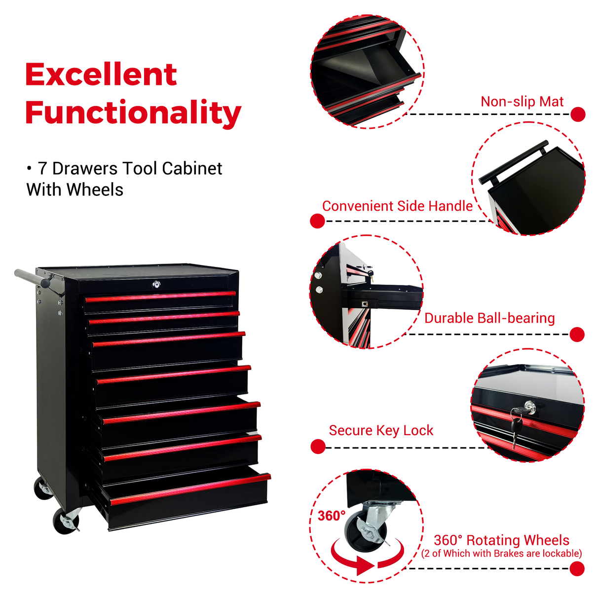 Rolling Metal Tool Chest with 7 Drawers - Black