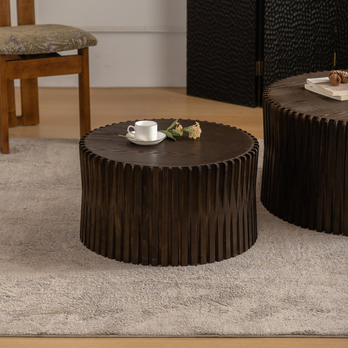 Vintage Style Cylindrical Nesting Coffee Table Set with Textured Embossed Design in Dark Brown MDF+Fir