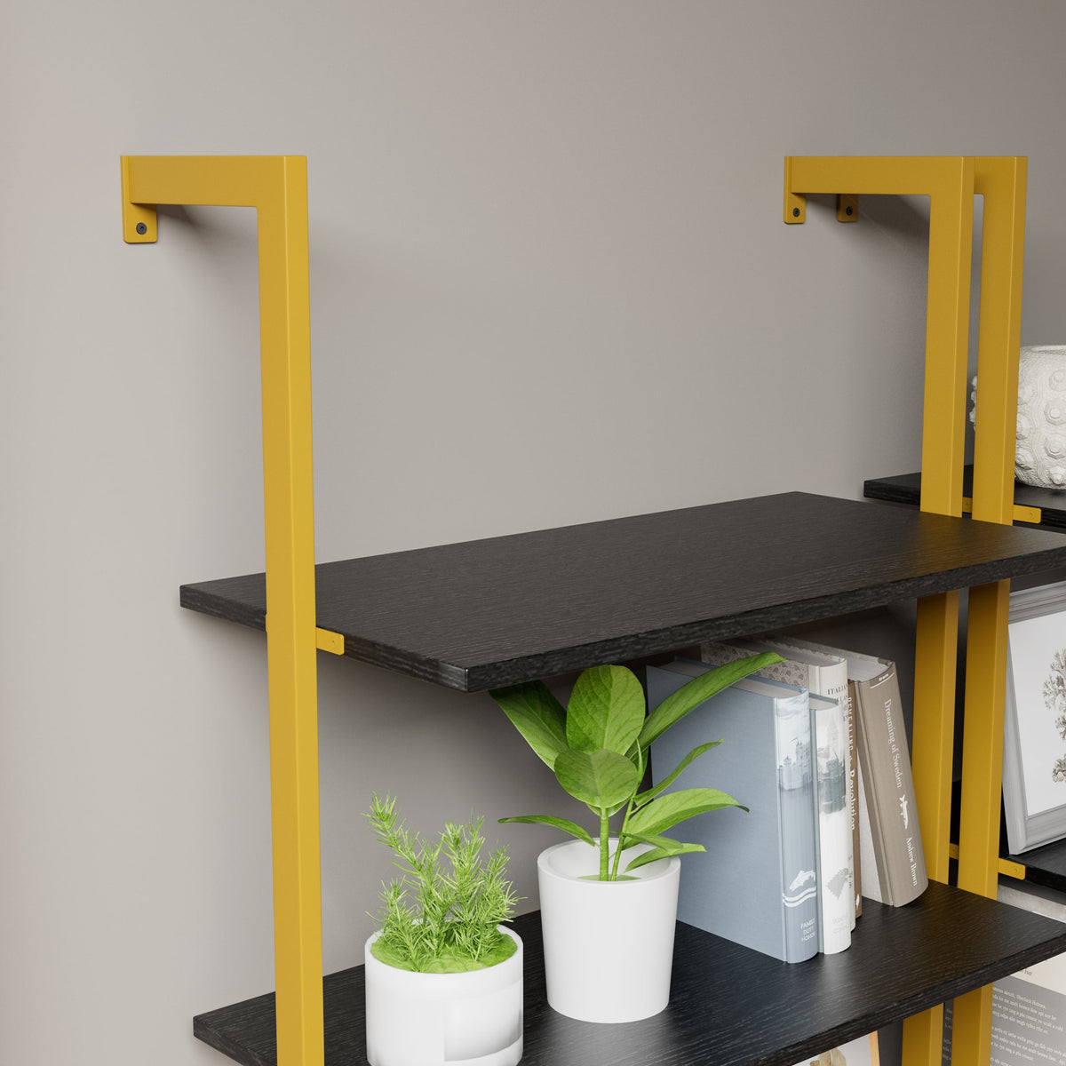 5-Tier Solid Wood Ladder Shelf with Industrial Style - Black & Golden