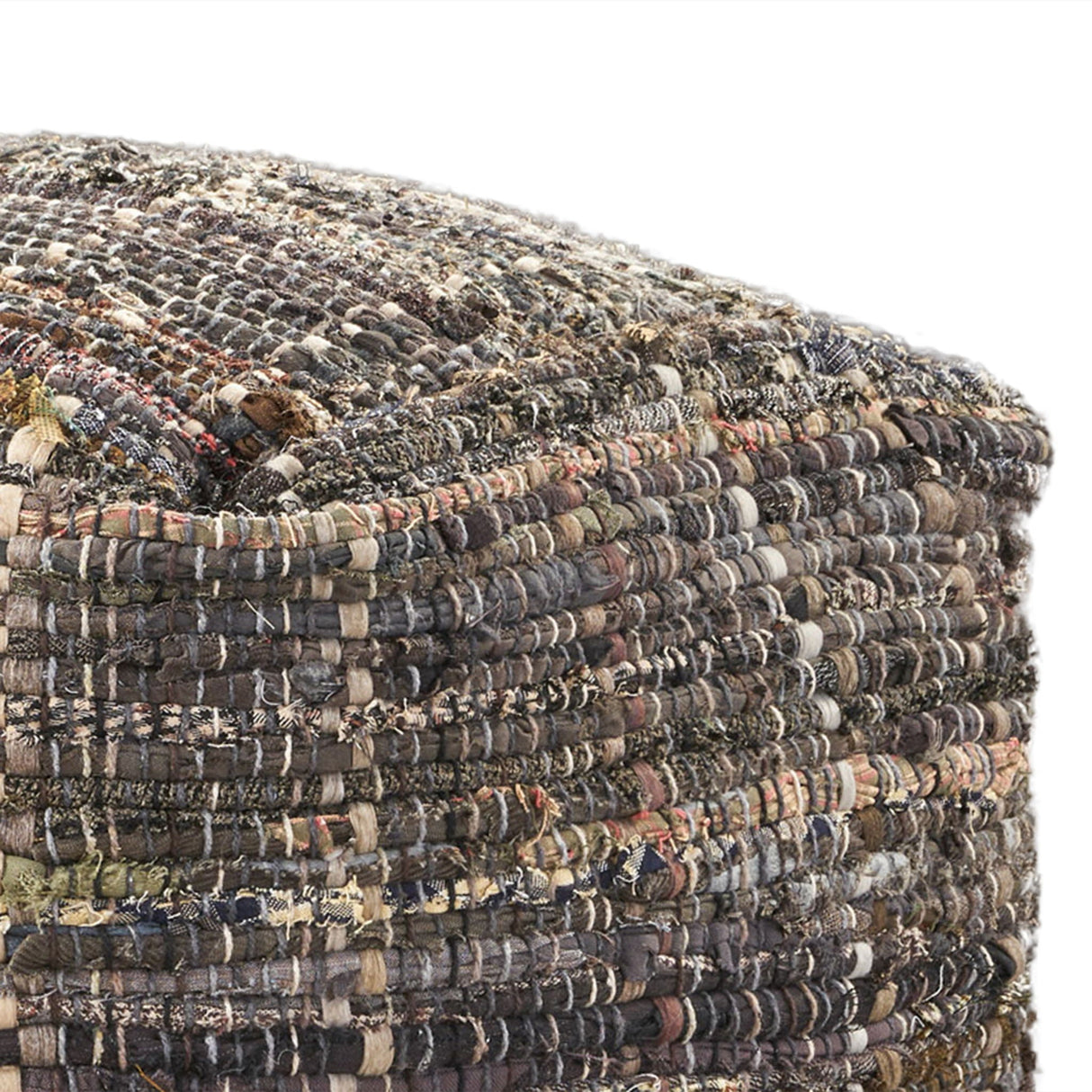 Koki Handcrafted Accent Pouf Recycled Denim And Paper Chindi - Khaki