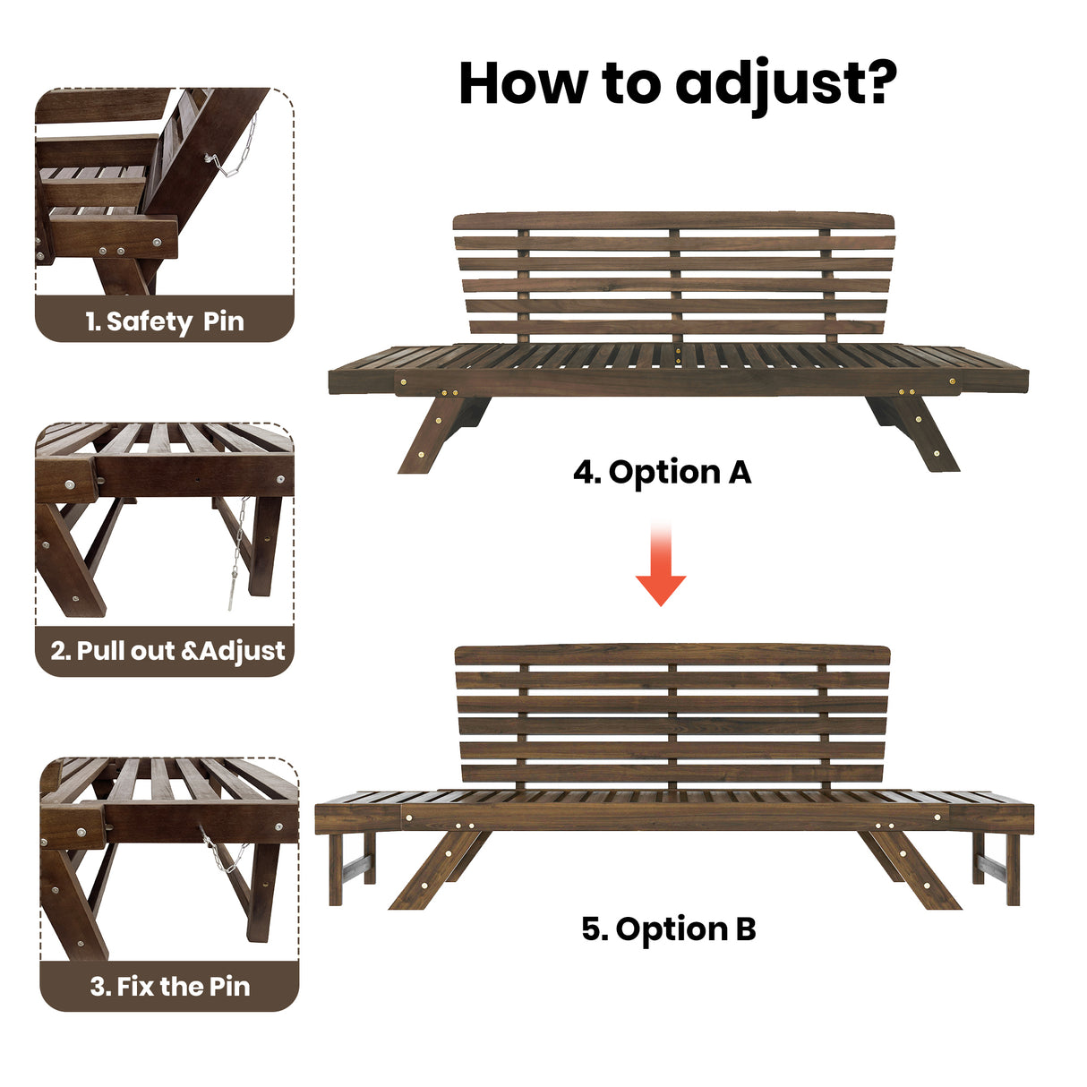 Outdoor adjustable patio wooden daybed sofa chaise lounge with cushions for small places, brown finish+gray cushion