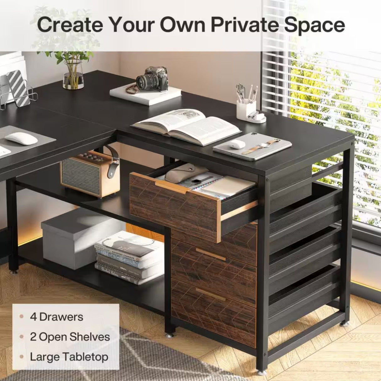 L-Shaped Computer Desk With Drawers And Shelves, Workstation For Home Office