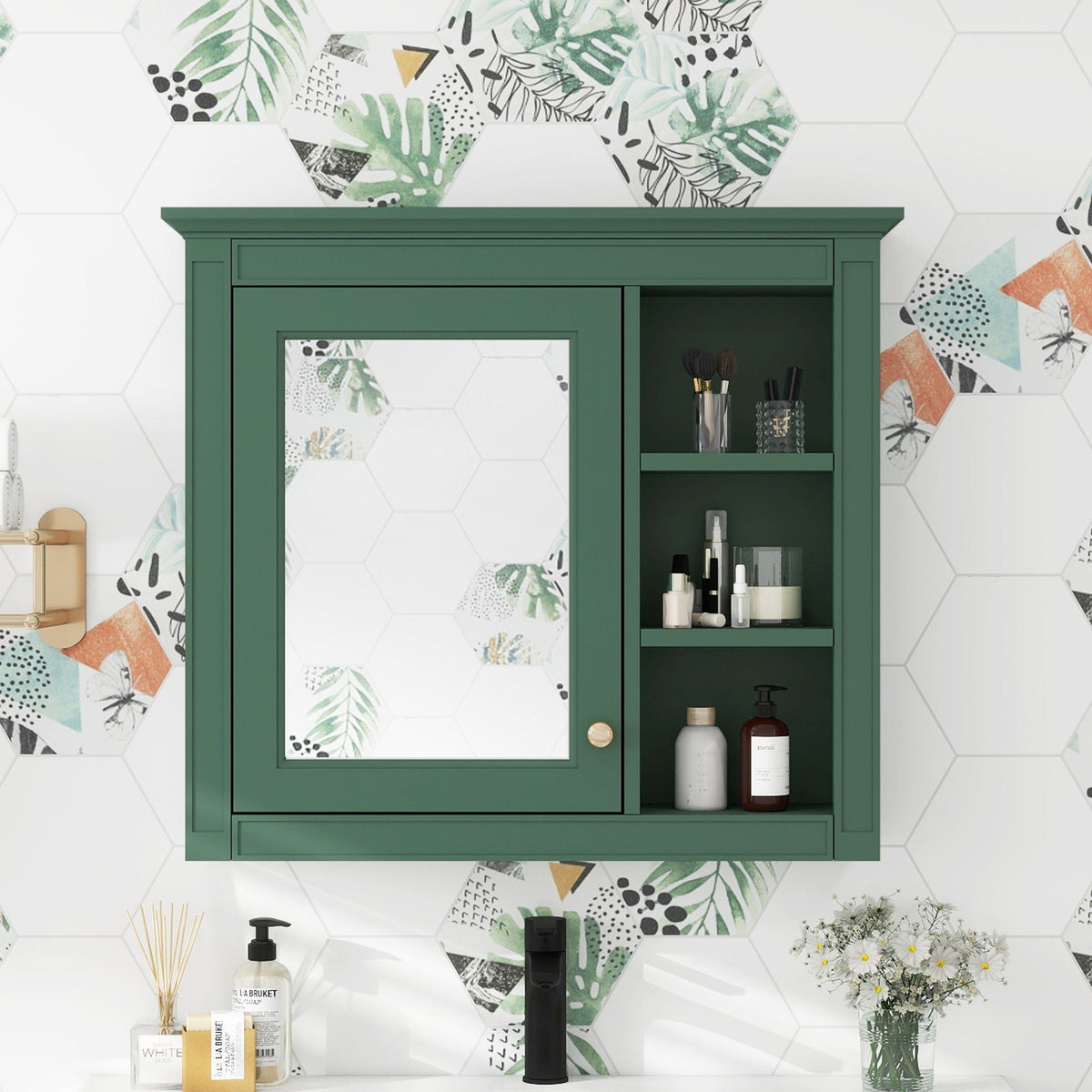 Wall Mounted Medicine Cabinet with Mirror and 3 Open Shelves - Multiple Colors