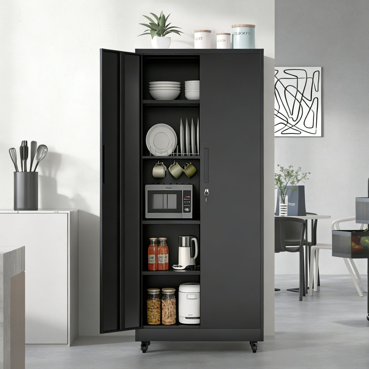 Storage Cabinet With Wheels And Lock, 4 Adjustable Shelves, 3 Point Locking Security, For Tool Organization In Garage - Black