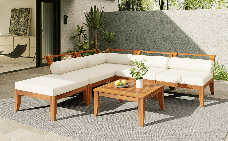 6 Piece Acacia Wood Outdoor Modular Sectional with Daybed and Tea Table