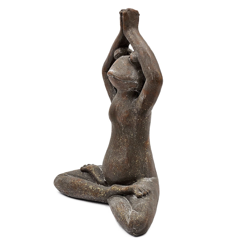 11.5x6.5x15 Brown Magnesium Yoga Frog Figurine in Namaste Pose with Gold Accents