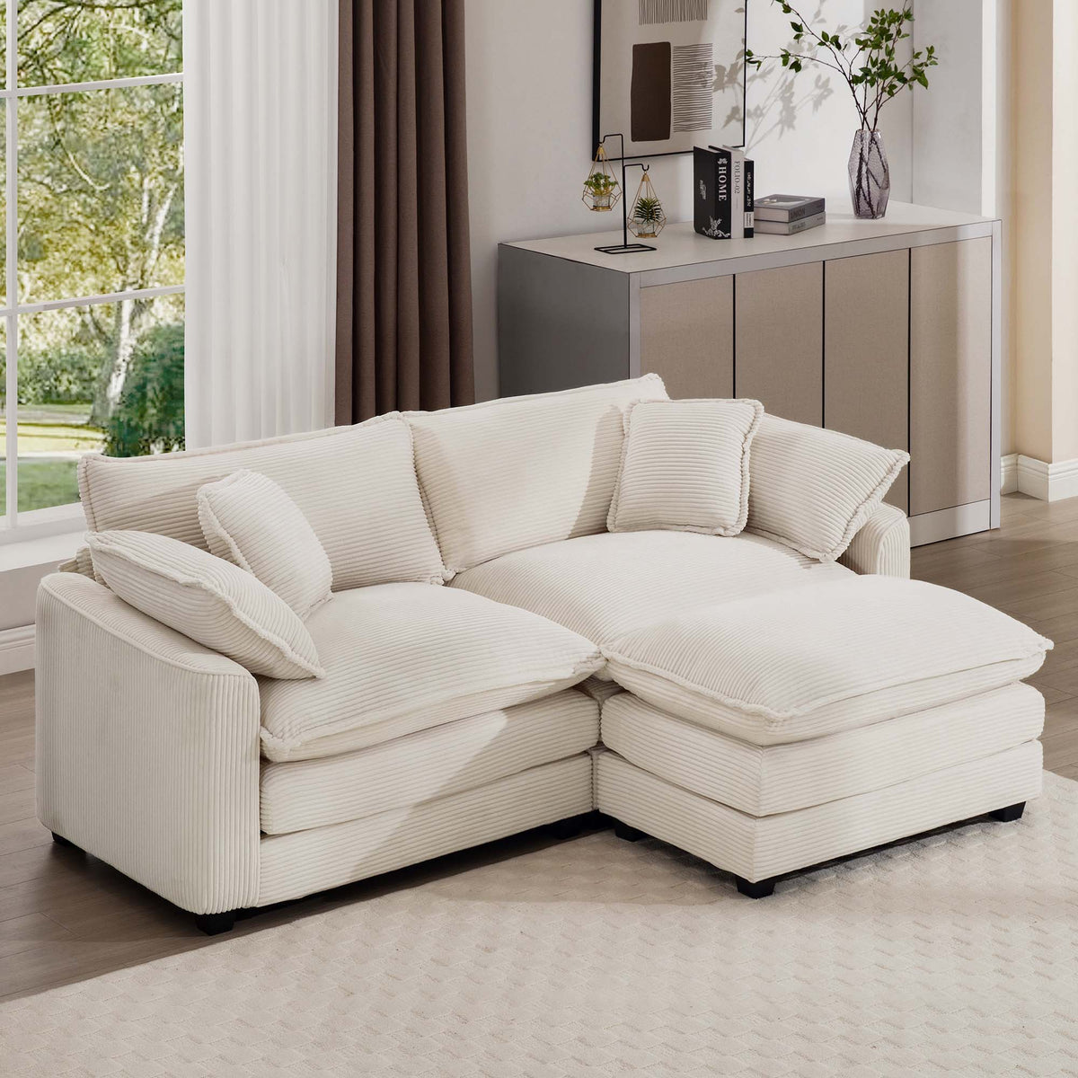 Modern Modular Cushion Sofa Set with Ottoman - Fabric, Multiple Colors