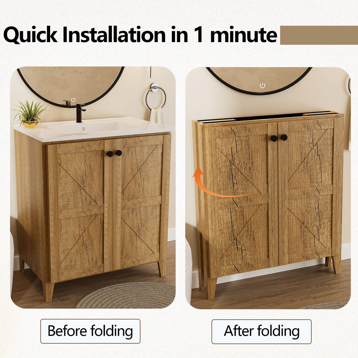 Folding Floor Cabinet With Ceramic Sink, Space Saving