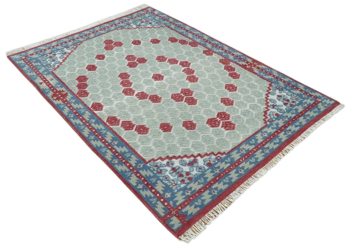 7x10 Hand Knotted Gray, Red and Blue Traditional Wool Rug
