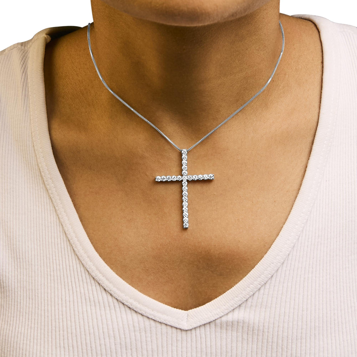 14K White Gold 2.0 Cttw Lab Grown Diamond Cross 18" Inch Pendant Necklace (F-G Color, VS2-SI1 Clarity)