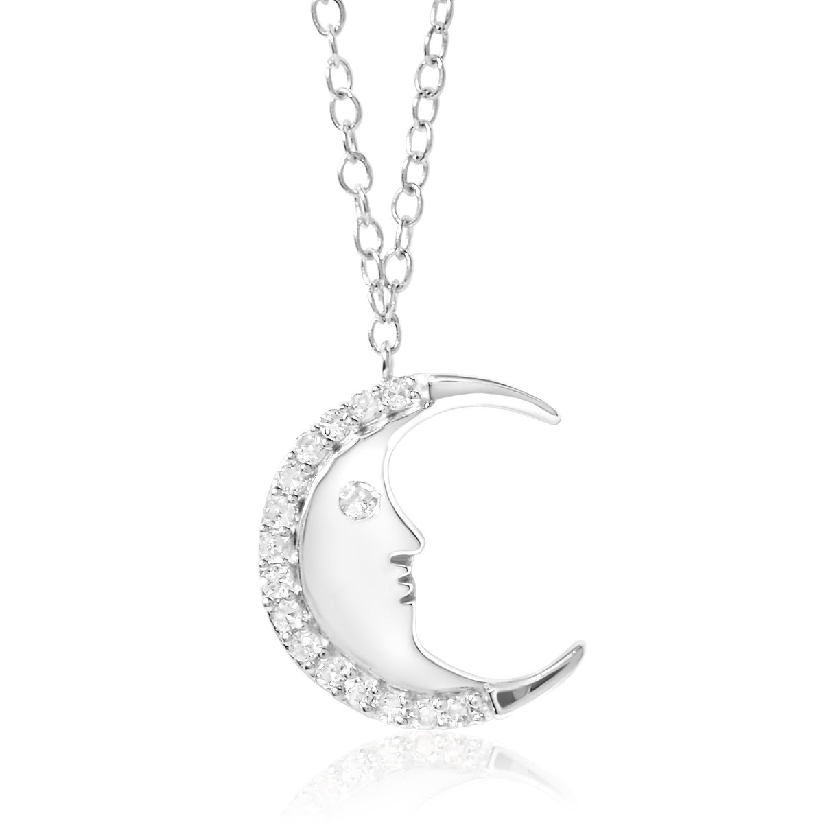 .925 Sterling Silver 1/10ct Diamond Crescent Man on the Moon 18" Pendant Necklace (H-I Color, SI1-SI2 Clarity)