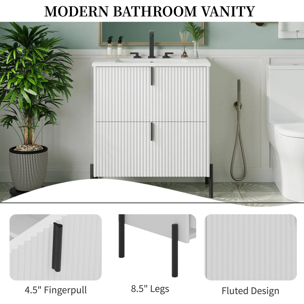White Fluted Bathroom Vanity with Ceramic Sink and Soft Close Drawers