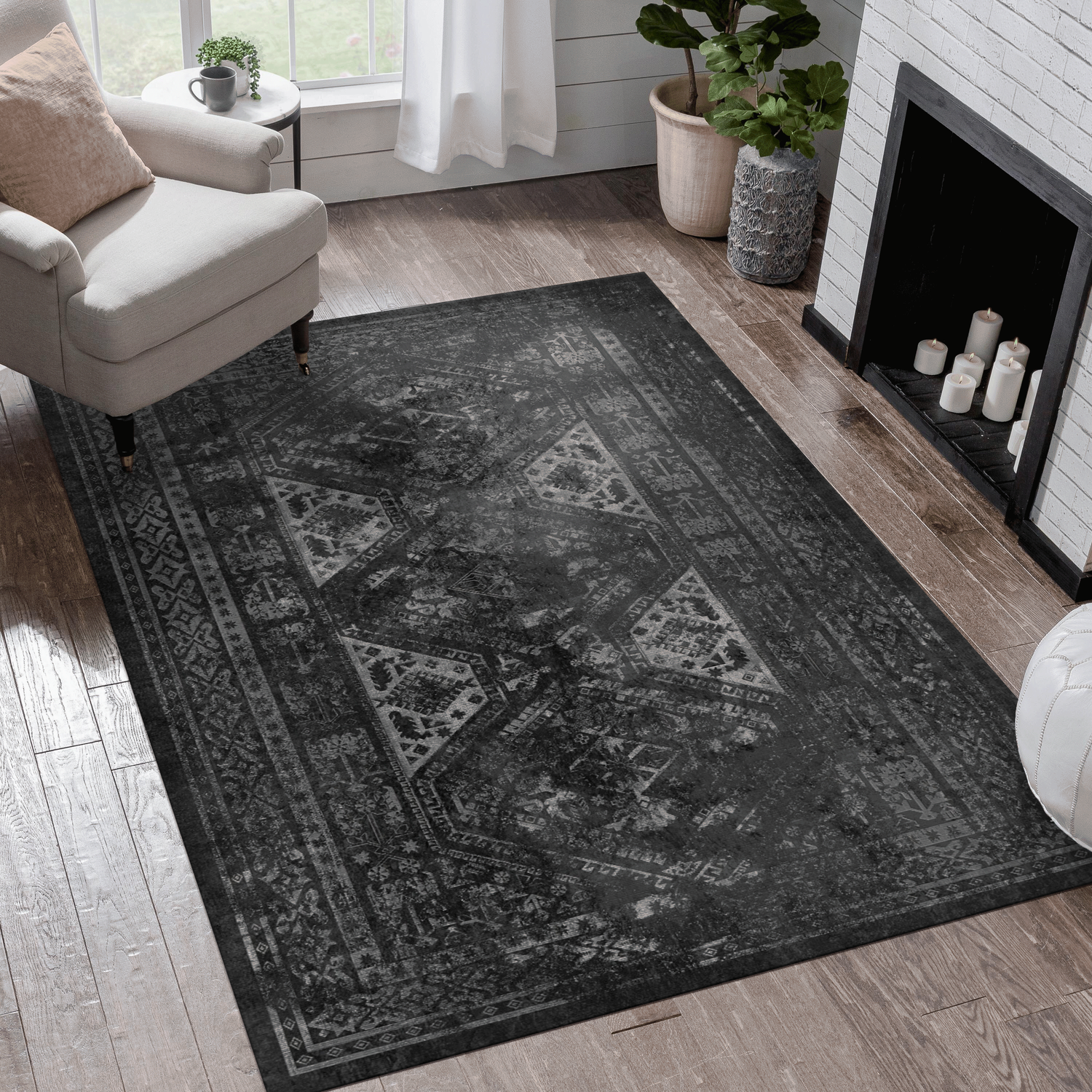 Naar area rugs 8x10 for living room, washable rug, low-pile, non-slip, non-shedding, foldable, kid & pet friendly - area rugs for living room, bedroom, kitchen, dining room, (black+ gray, 8' x 10')