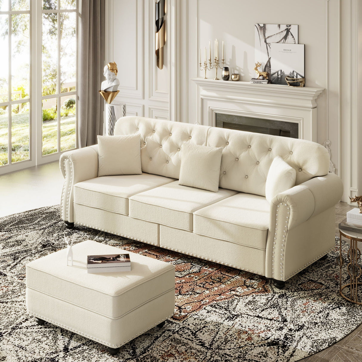 Upholstered Sofa Set With Nailhead Trim and Rolled Armrests, Includes Pillows