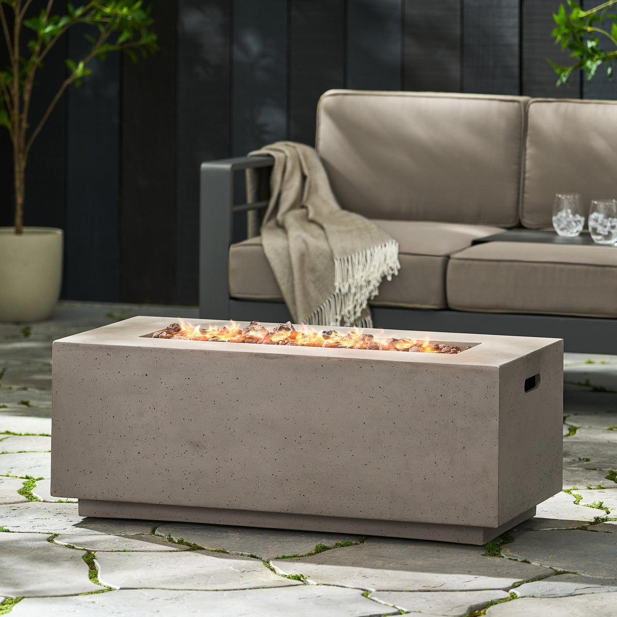 Modern 40' Outdoor 40,000 BTU Rectangular MgO Concrete Propane Fire Pit, Dark Grey