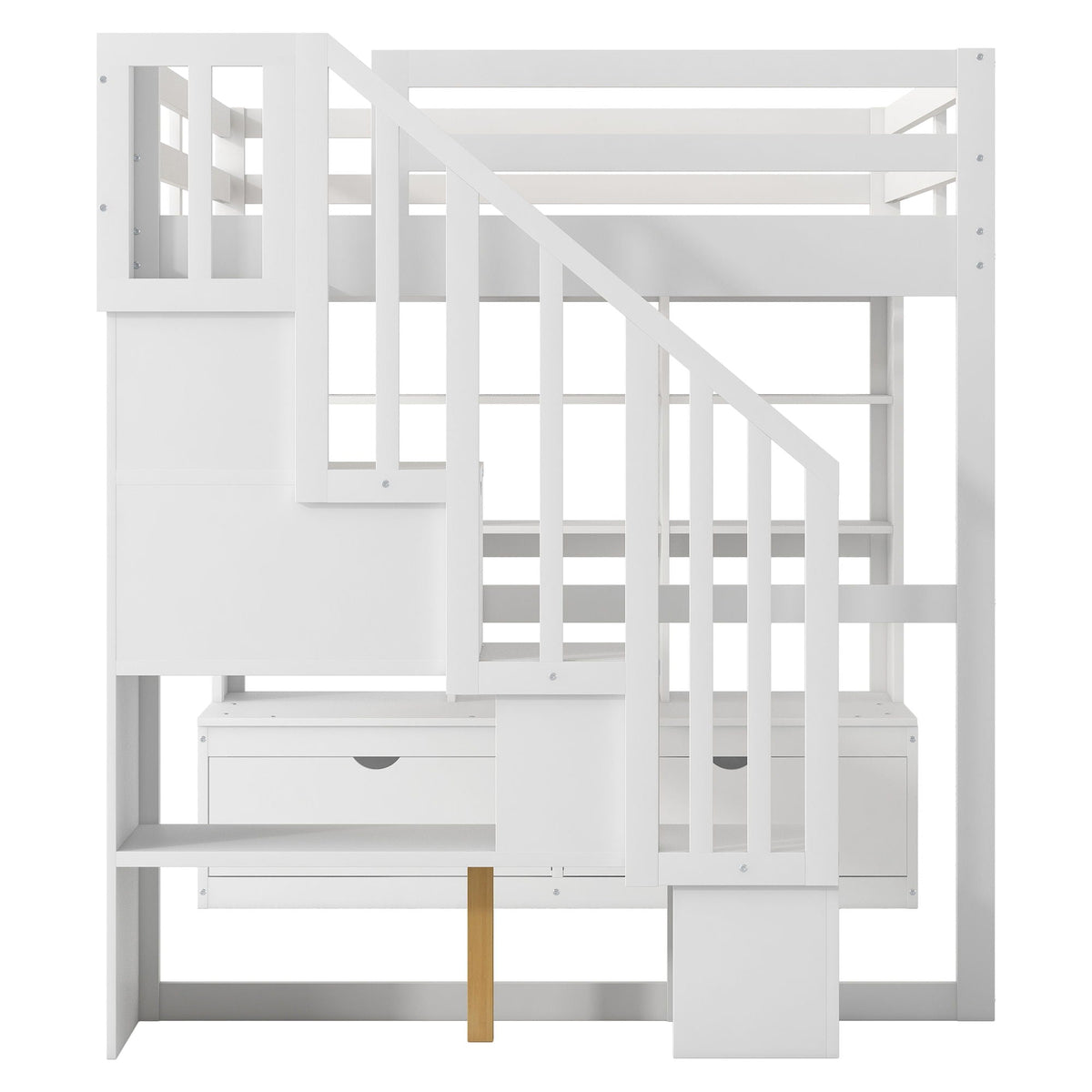 Full Size Loft Bed With Desk And Shelves, 2 Built In Drawers, Storage Staircase - White