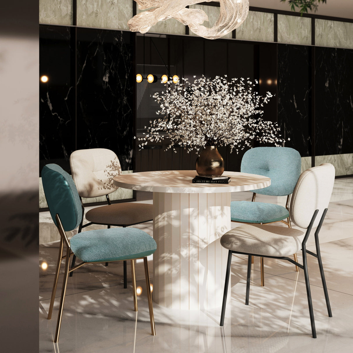 Modern 4-Person Dining Set with Bamboo & MDF Table and Fabric Chairs