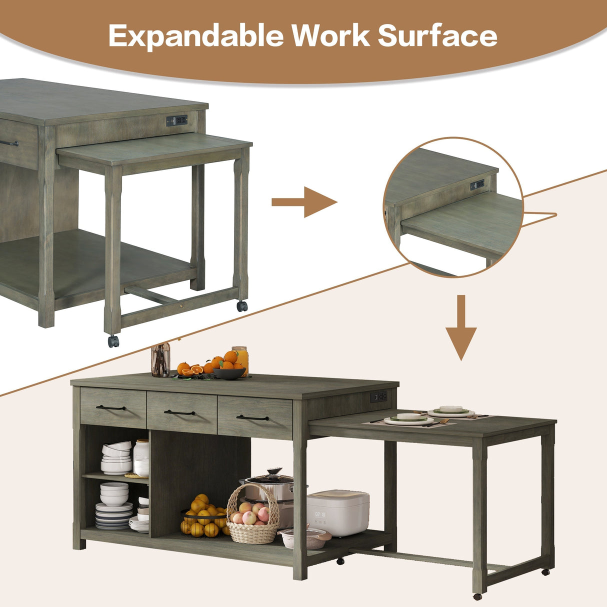 TREXM Extendable Kitchen Island with Storage