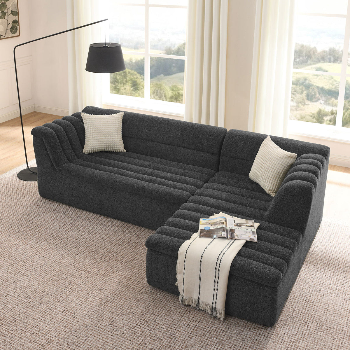 Upholstered L-Shaped Modular Sectional Sofa With Chaise, Wave-Shaped Armrest