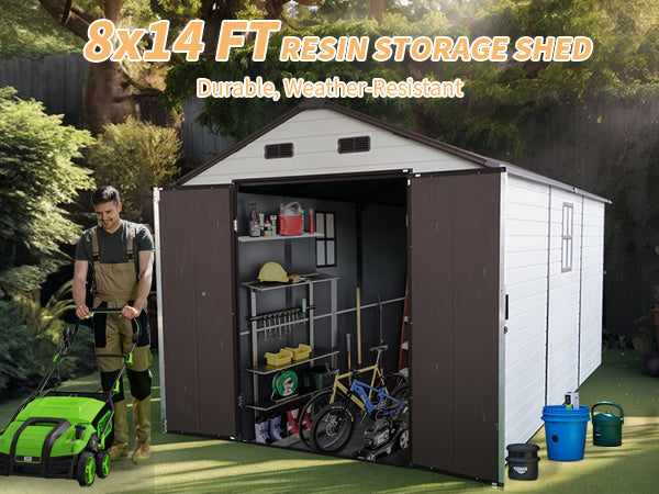 8x14 Ft Outdoor Resin Storage Shed with Windows