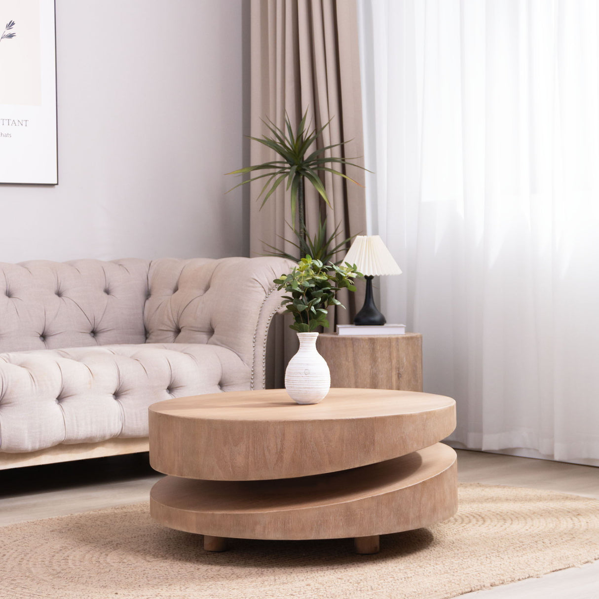 Modern Round Wood Coffee Table, Accent Table For Living Room - Antique Natural / Natural / Rustic