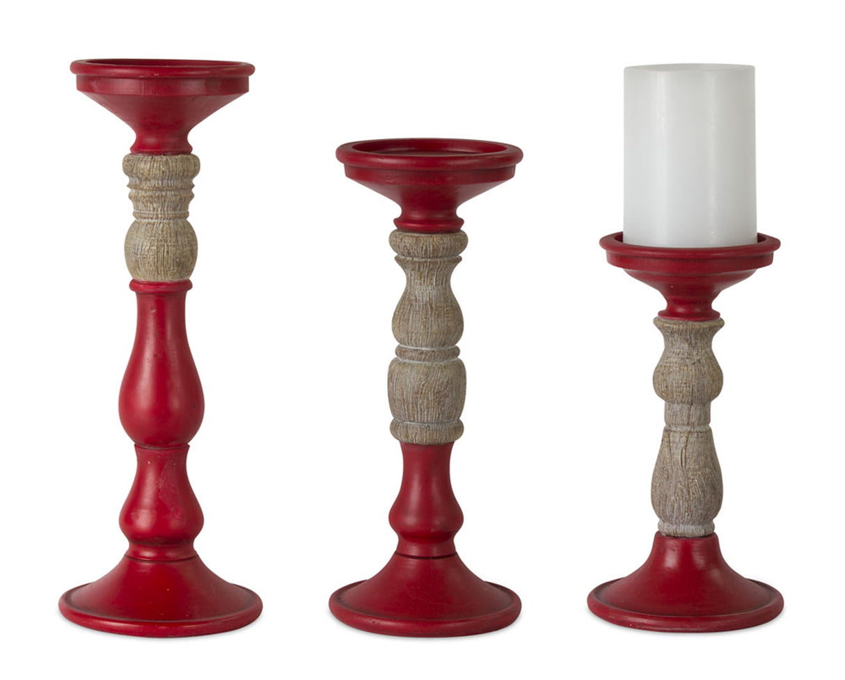 Red-Candle-Holder-with-Wood-Accent-(Set-of-3)-Candle-Holders