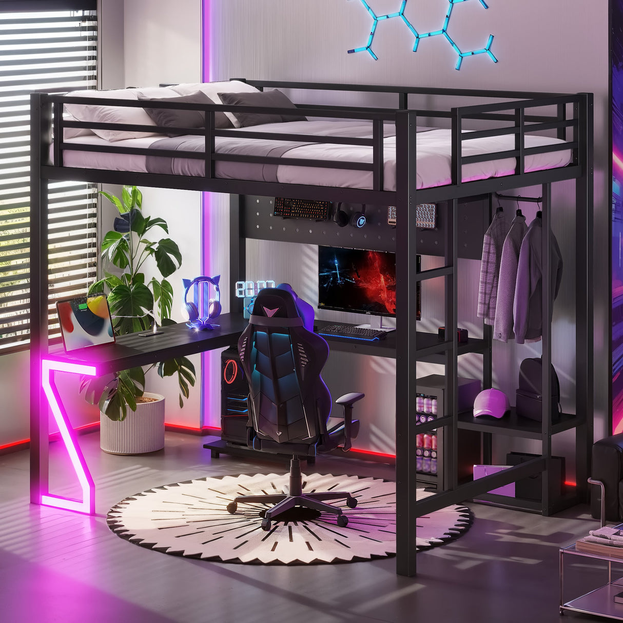 Full Loft Bed with L-shaped Desk and USB Ports