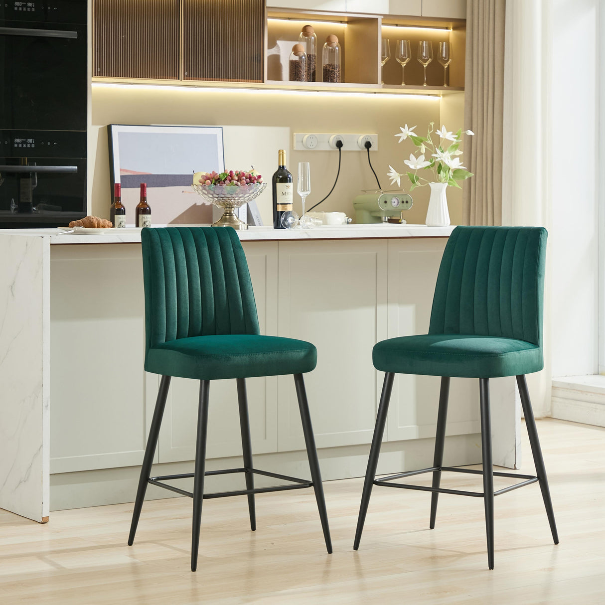 Adjustable Iron Feet Velvet Green Bar Chairs Set of 2