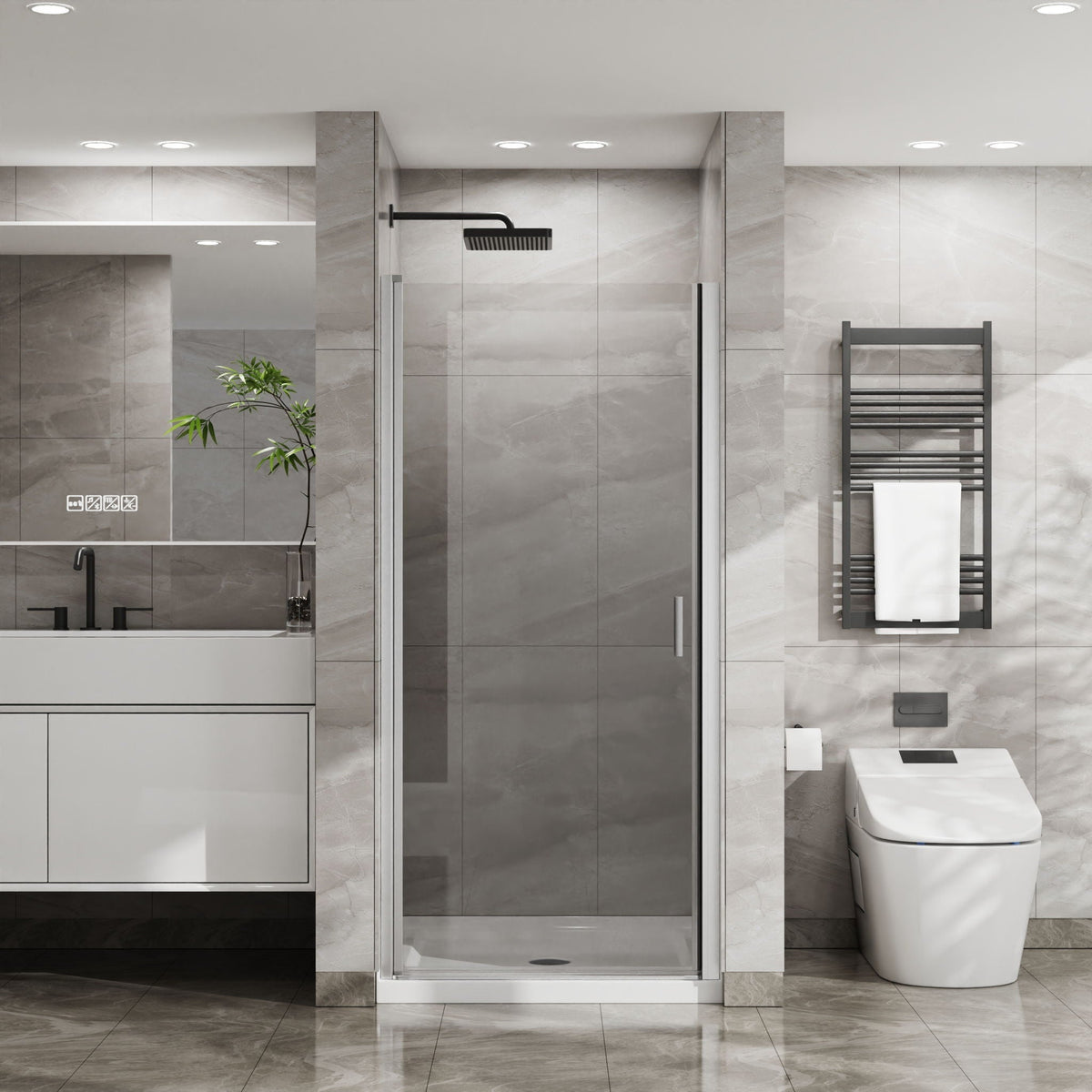 Pivot Shower Door, Tempered Glass, Semi Frameless
