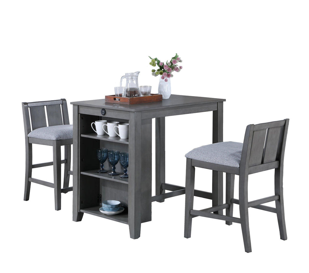 Graham 36' 3-Piece Gray Finish Small Space Counter Height Dining Table with Shelves and 2 Chairs