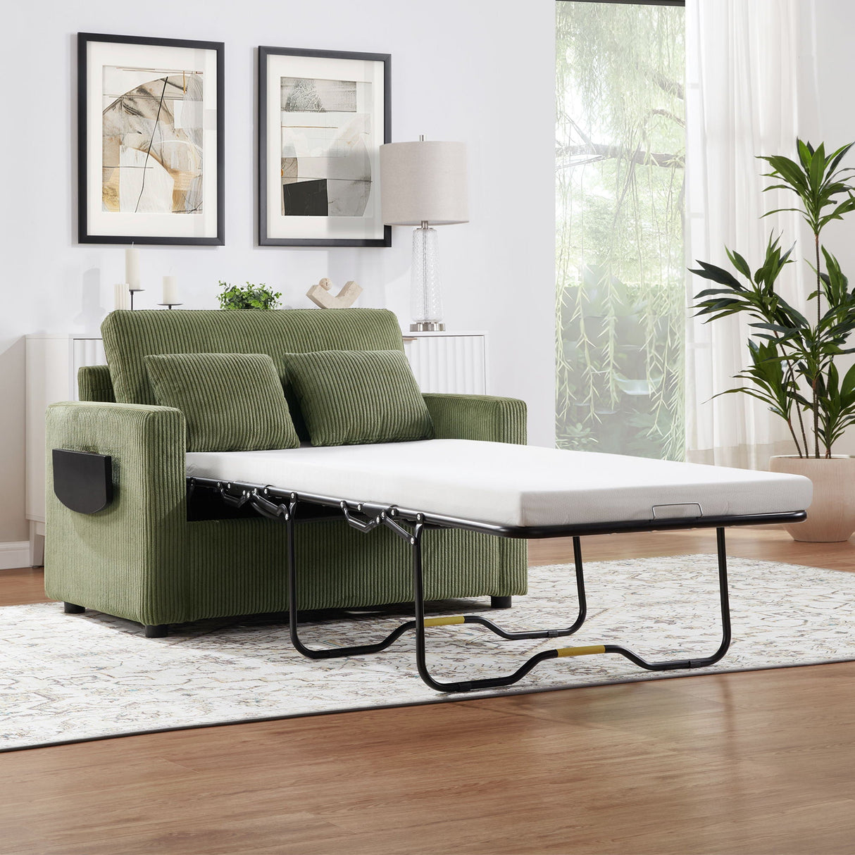 Sleeper Sofa With Foldable Mattress, USB Ports, Side Table & Storage Pocket