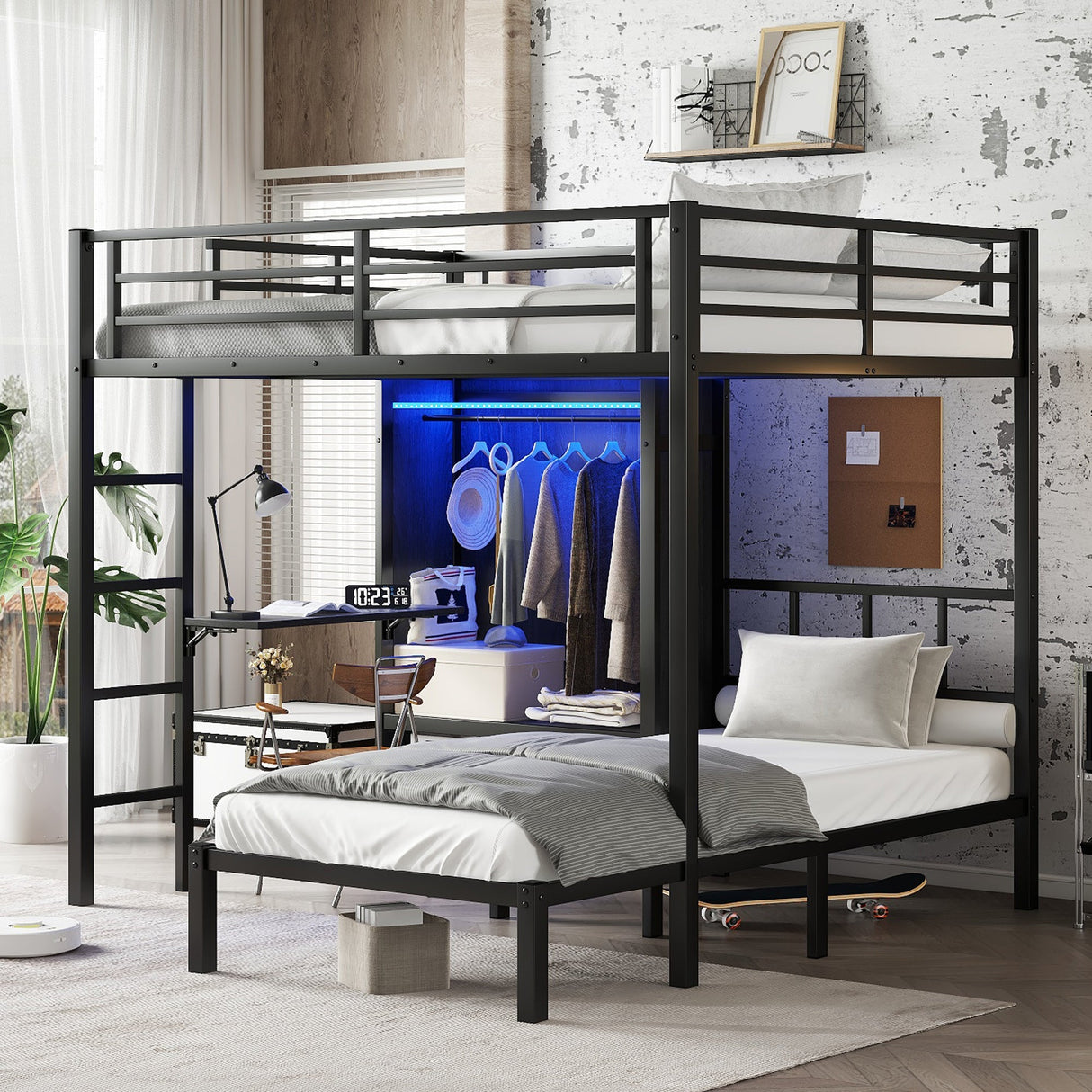 Full XL Over Twin Metal Bunk Bed with Folding Desk and Closet