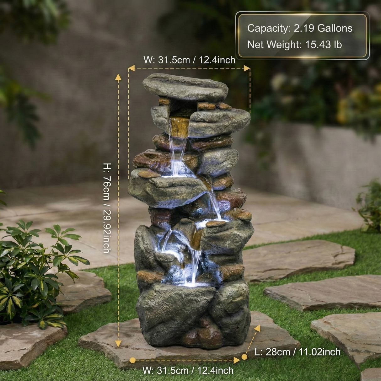 Outdoor Water Fountain Large - Stone Fountains with LED Light for Patio Yard Garden Backyard Decking Outdoor or Entryway Decor 30''