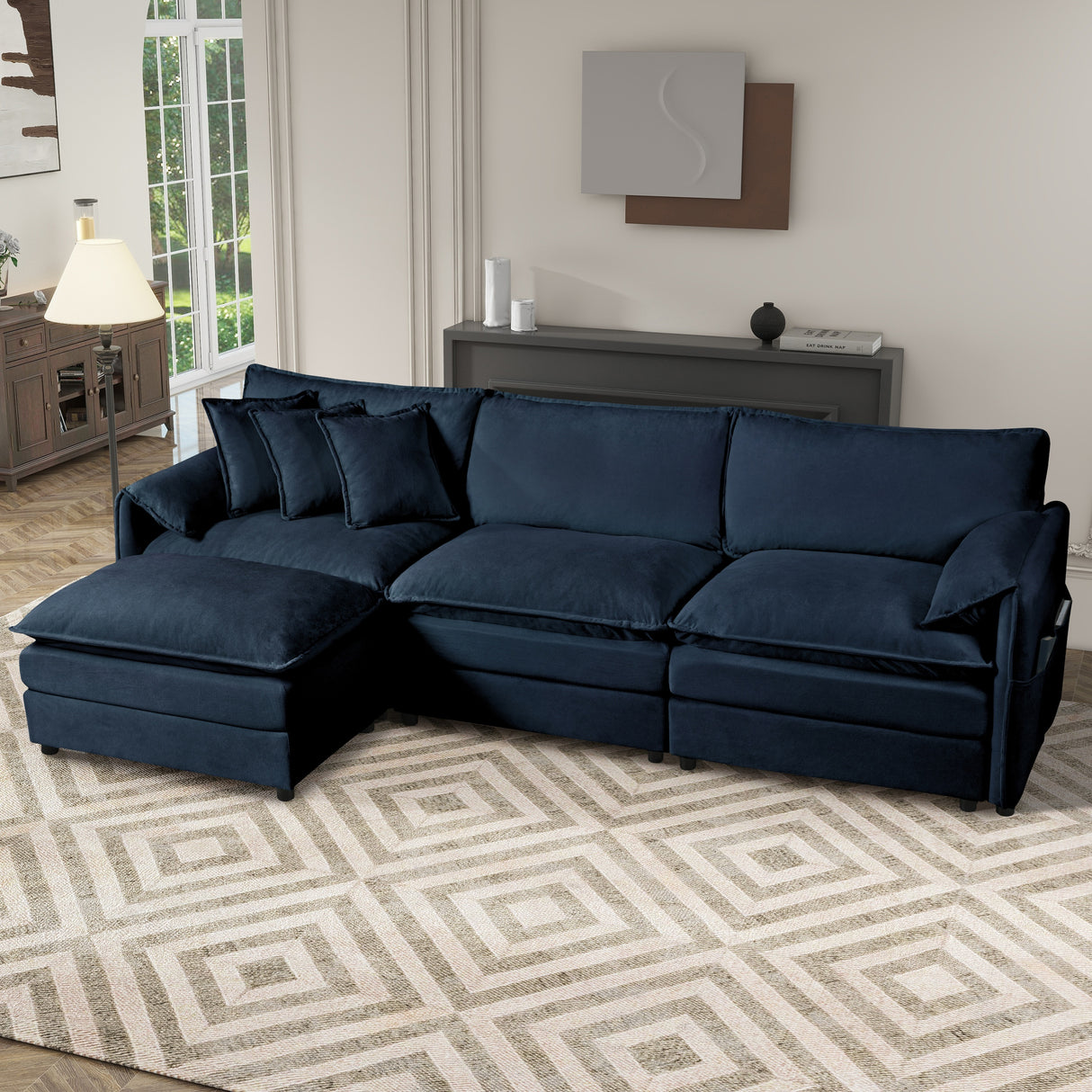 Modular Sectional Sofa, Oversized Deep Seat L Shaped Couch Set for Living Room, 3-Seater Comfy Cloud Couches Chenille,Blue