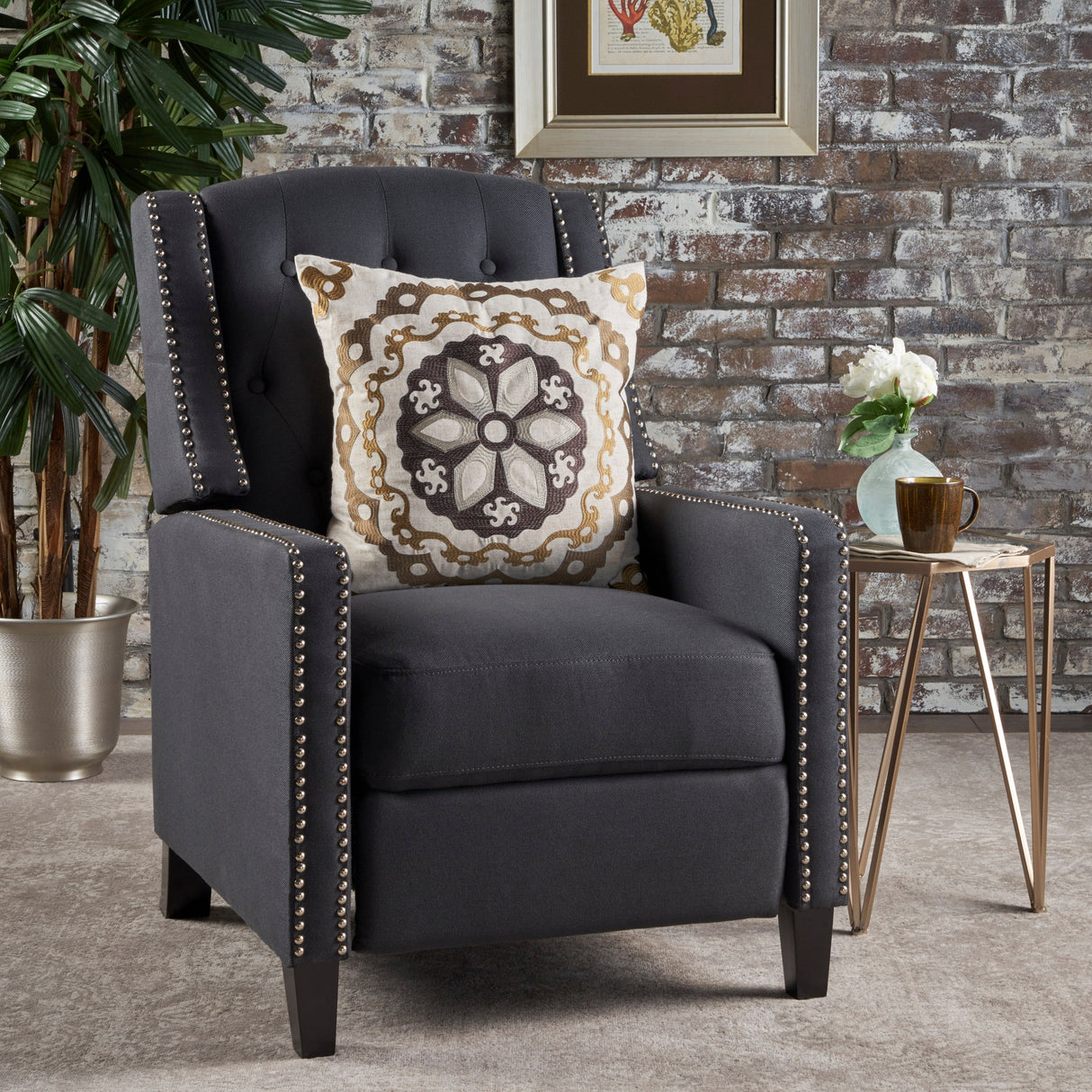 Classic Dark Grey Fabric Push Back Chair with Riveted Armrests