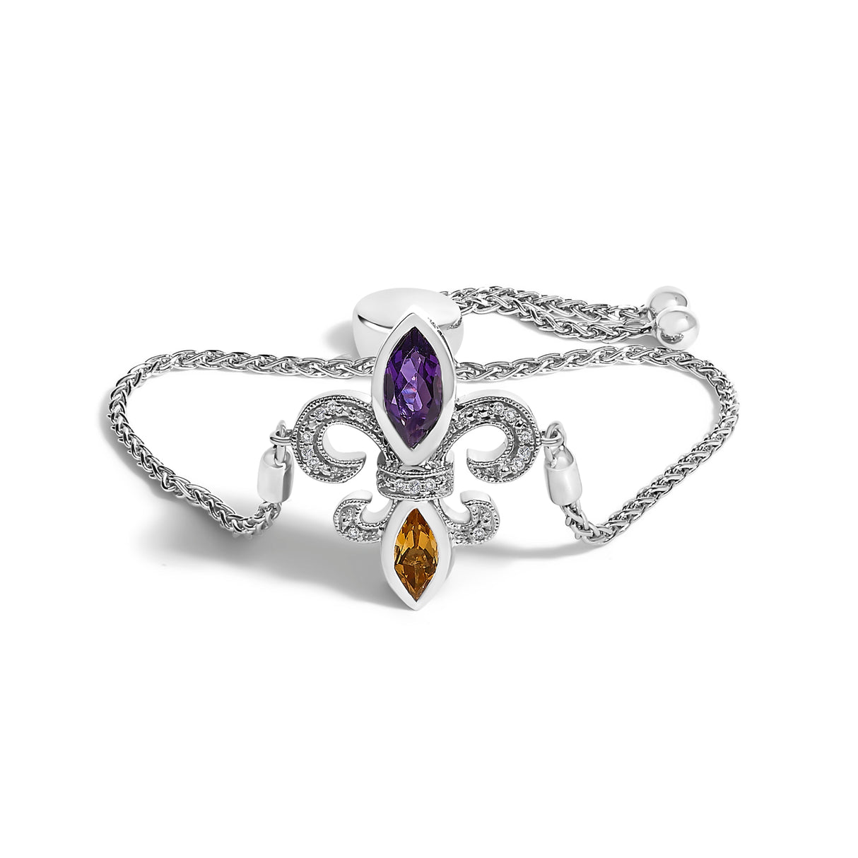 .925 Sterling Silver Marquise Purple Amethyst, Orange Citrine, and Diamond Accent Lariat 4â€-10†Fleur De Lis Adjustable Bolo Bracelet (I-J Color, I1-I2 Clarity)