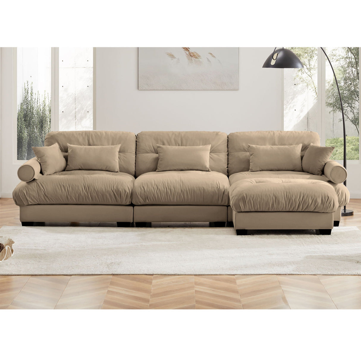 Modern Sectional Sofa With Ottoman, Round Bolster Armrests, Waist And Throw Pillows