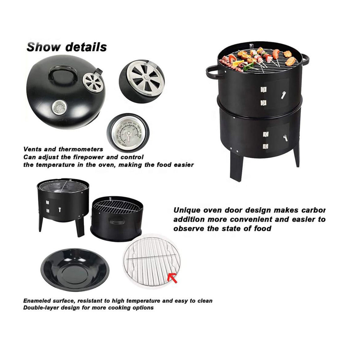 Outdoor Double-Layer Grill Charcoal Wood Fired Braising and Smoking Stove