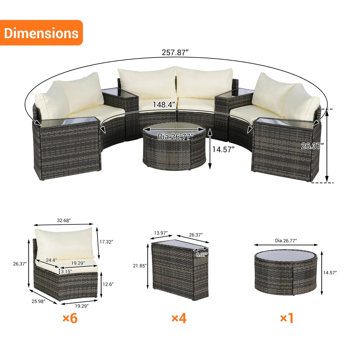 Outdoor Patio Furniture 11-Piece Half-Moon Sectional Round Patio Sofa Set