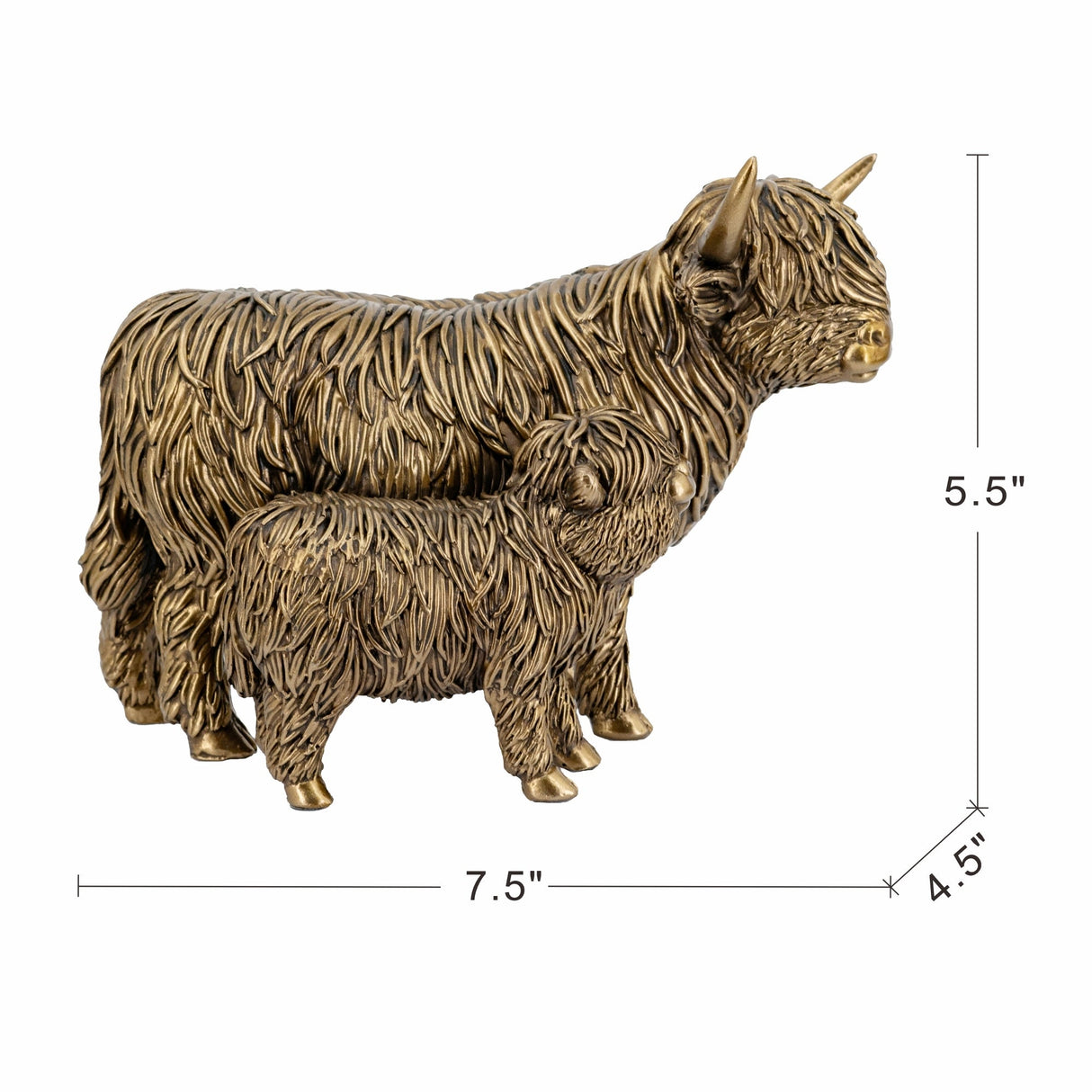 7.5x4.5x5.5' Lifelike Polyresin Highland Cow and Calf Statue with Rich Bronze Finish