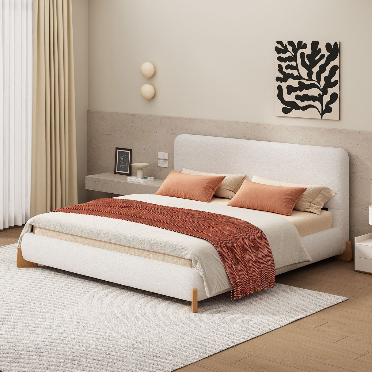 Elegant Boucle Upholstered Bed with Solid Wood Feet