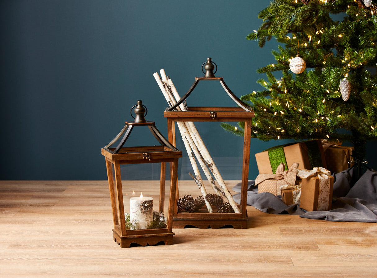 Natural Wooden Lantern with Open Top (Set of 2)