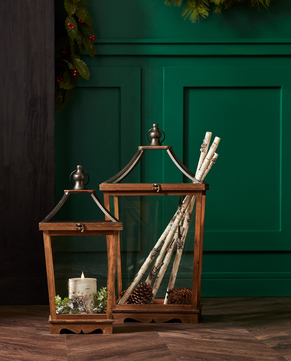 Natural Wooden Lantern with Open Top (Set of 2)