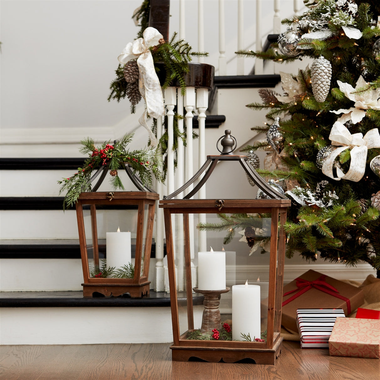 Natural Wooden Lantern with Open Top (Set of 2)