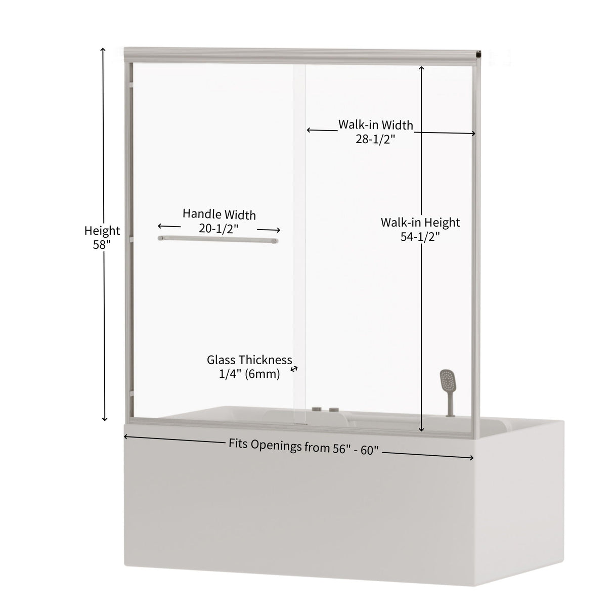 Double Sliding Bathtub Shower Door, Semi Frameless Bypass