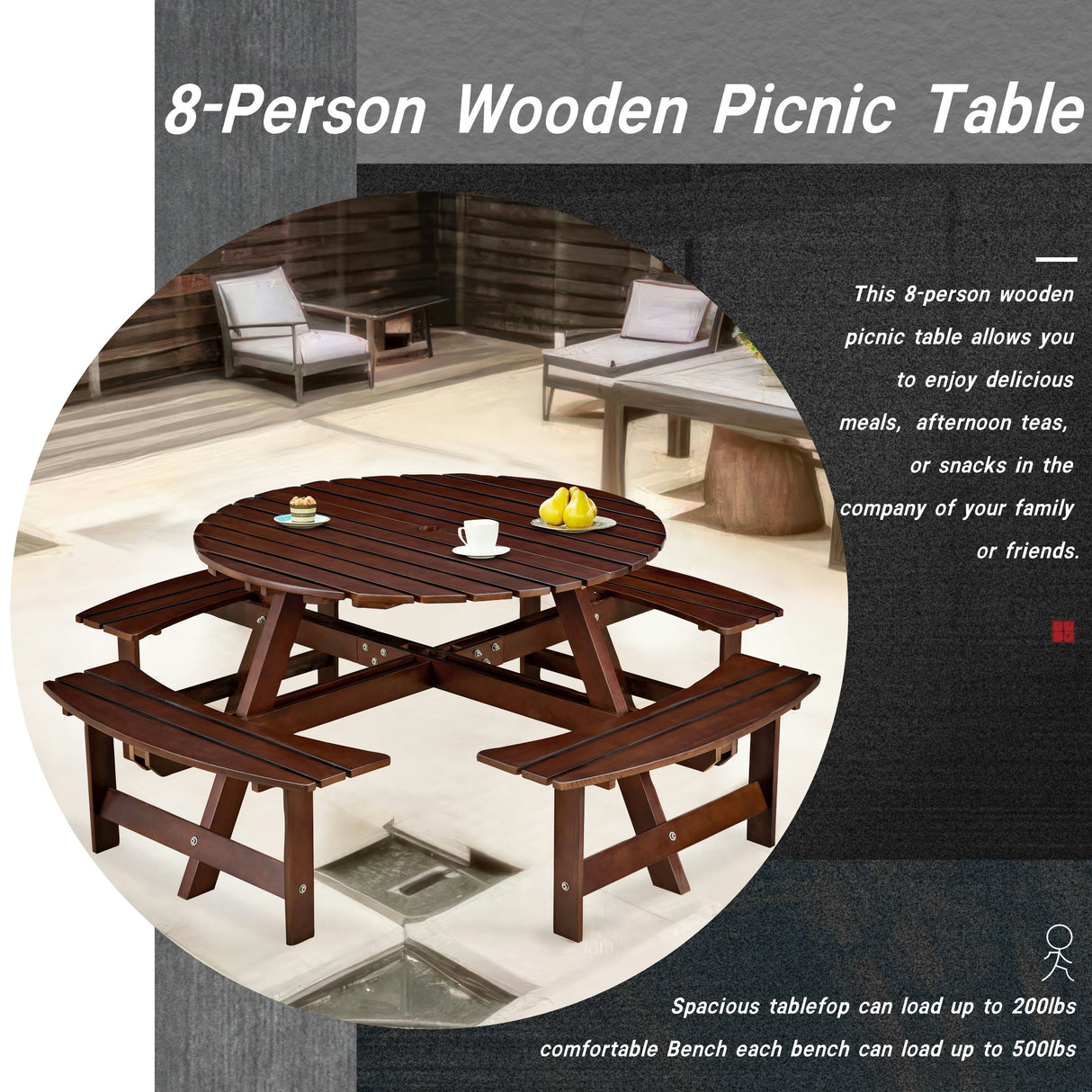 Outdoor 8 Person Round Picnic Table with Built-in Benches and Umbrella Hole