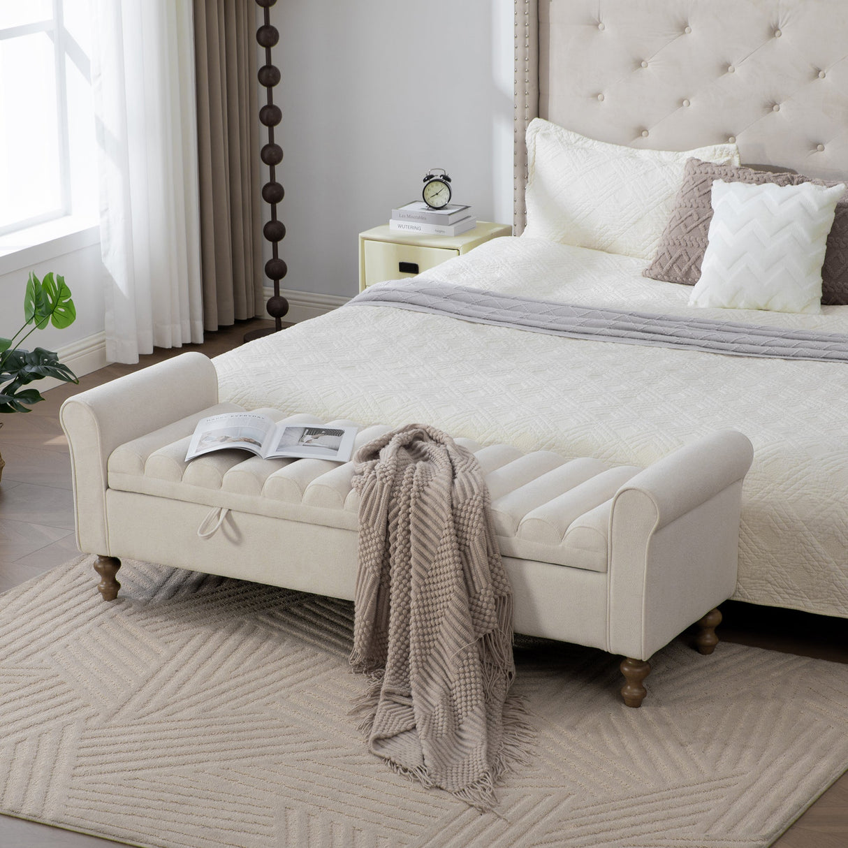 65.55' Wide Modern Upholstered Storage Bench with Rolled Armrest