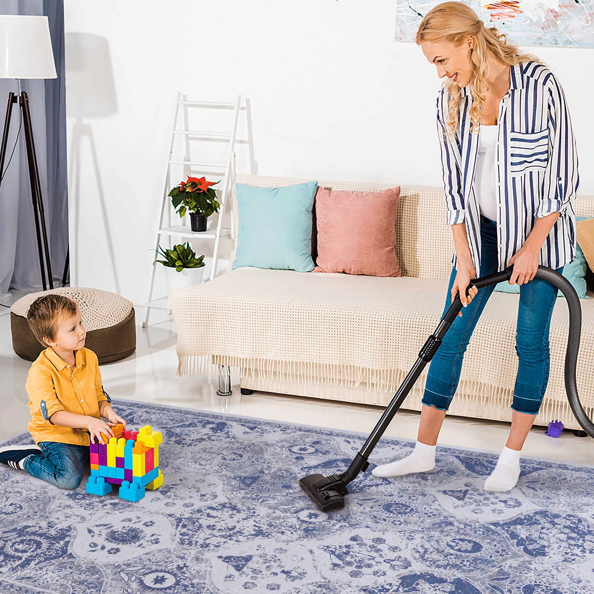 Blue area rug, washable rug, low-pile, non-slip, non-shedding, foldable, kid & pet friendly - area rugs for living room, bedroom, kitchen, dining room rug - perfect gifts, (blue, 2'6'' x 10')