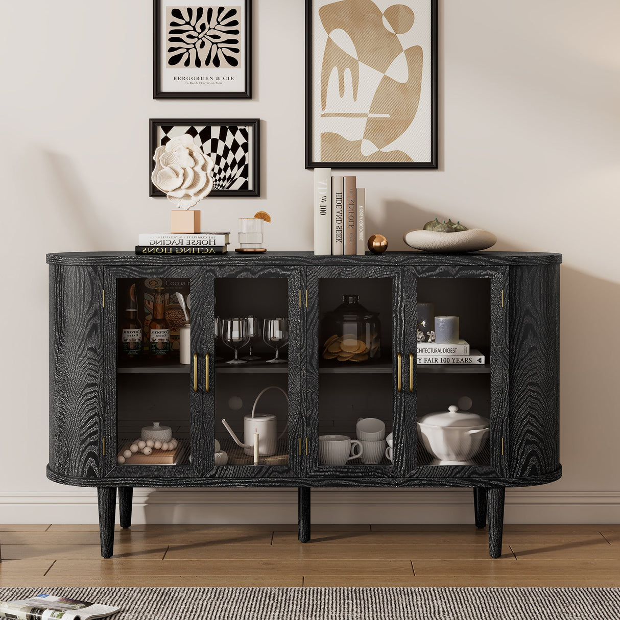 Wood Buffet Cabinet with Glass Doors and Adjustable Shelves